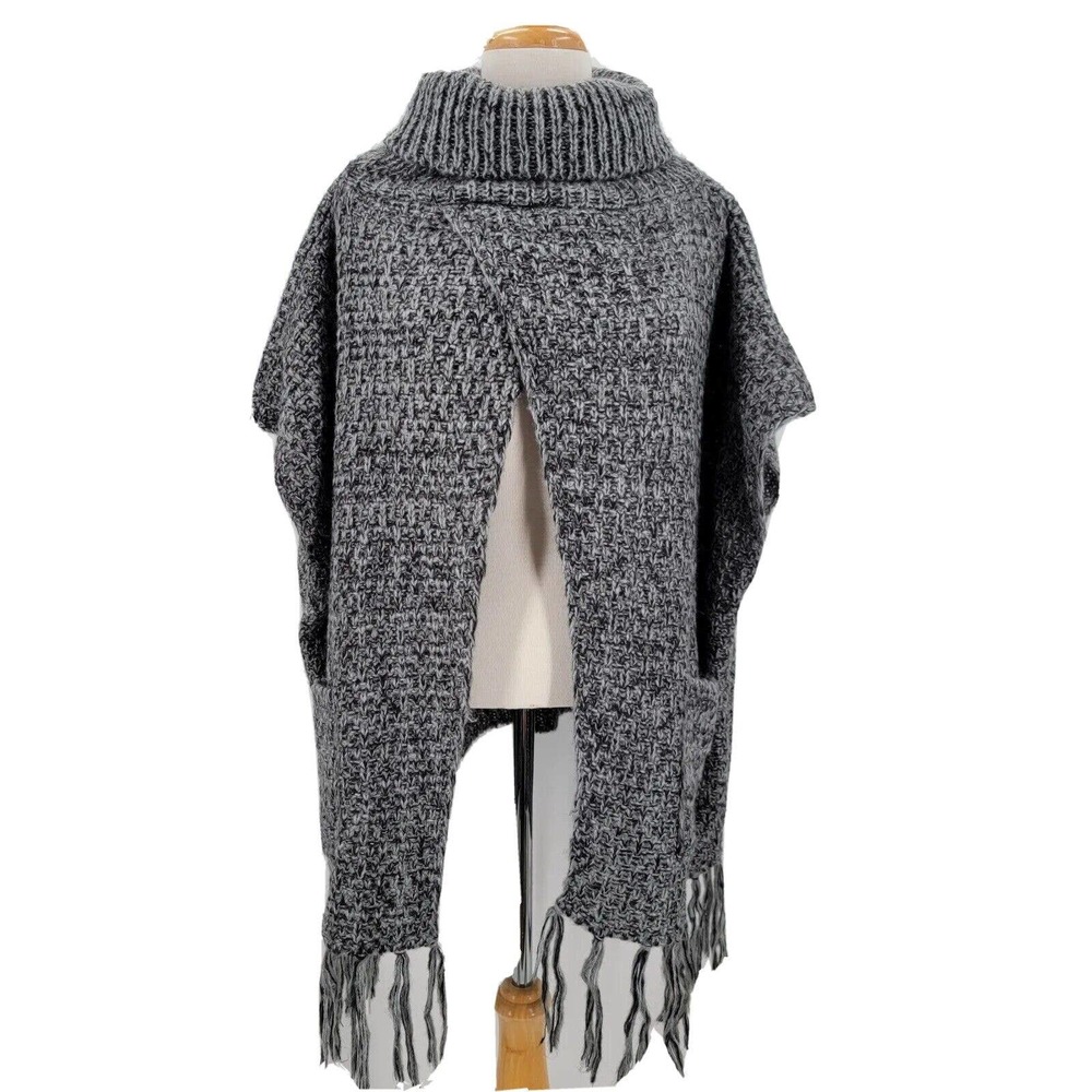 NWT Fashion by Mirabeau Women's Open Front Cowl Neck Fringed Poncho Pockets OS